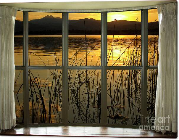 Golden lake bay picture window view canvas print